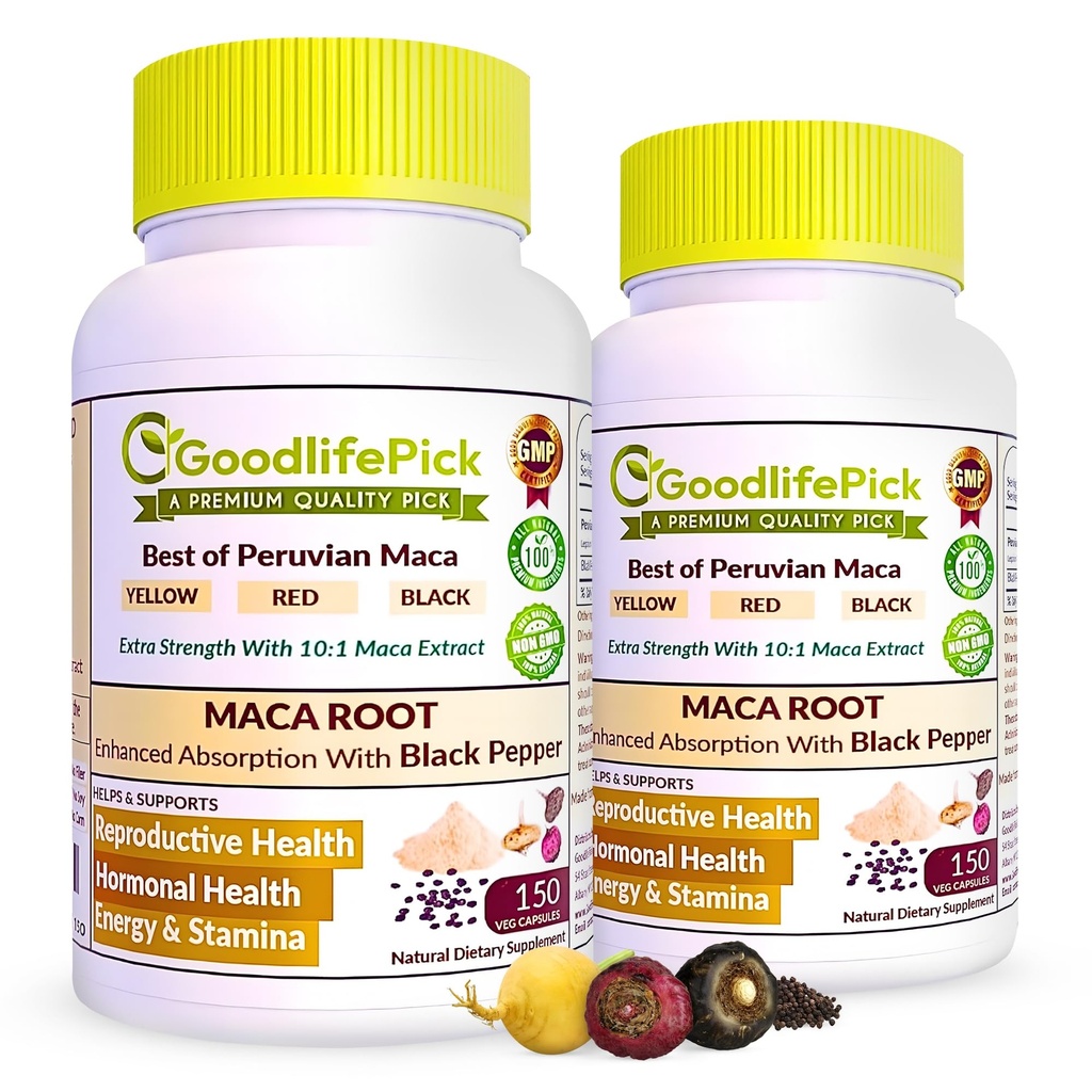 Peruvian Maca Root Capsules with Black Pepper 150 ct. Premium Yellow Red & Black Red Powerful Extract of All Type Maca Root All Natural Non-GMO Vegan NO Rice Powder NO Stearate NO Silicon (Pack of 2)