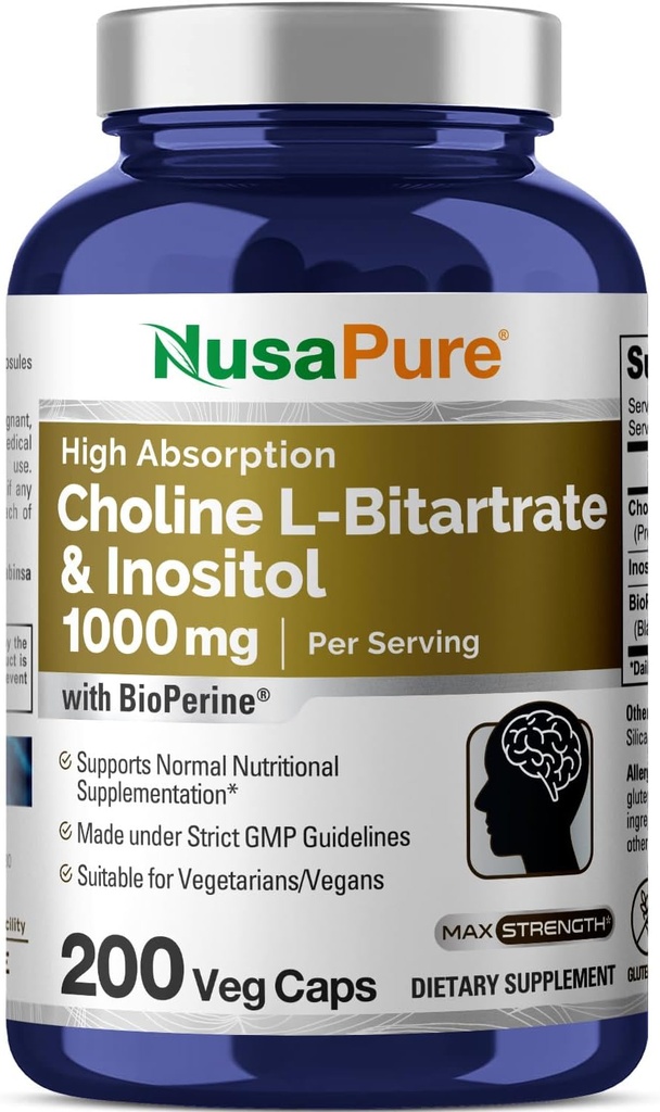 NusaPure Choline & Ινοσιτόλη 1000mg - 200 Veggie Caps (100% χορτοφάγοι, μη ΓΤΟ) Βιοπερίνη