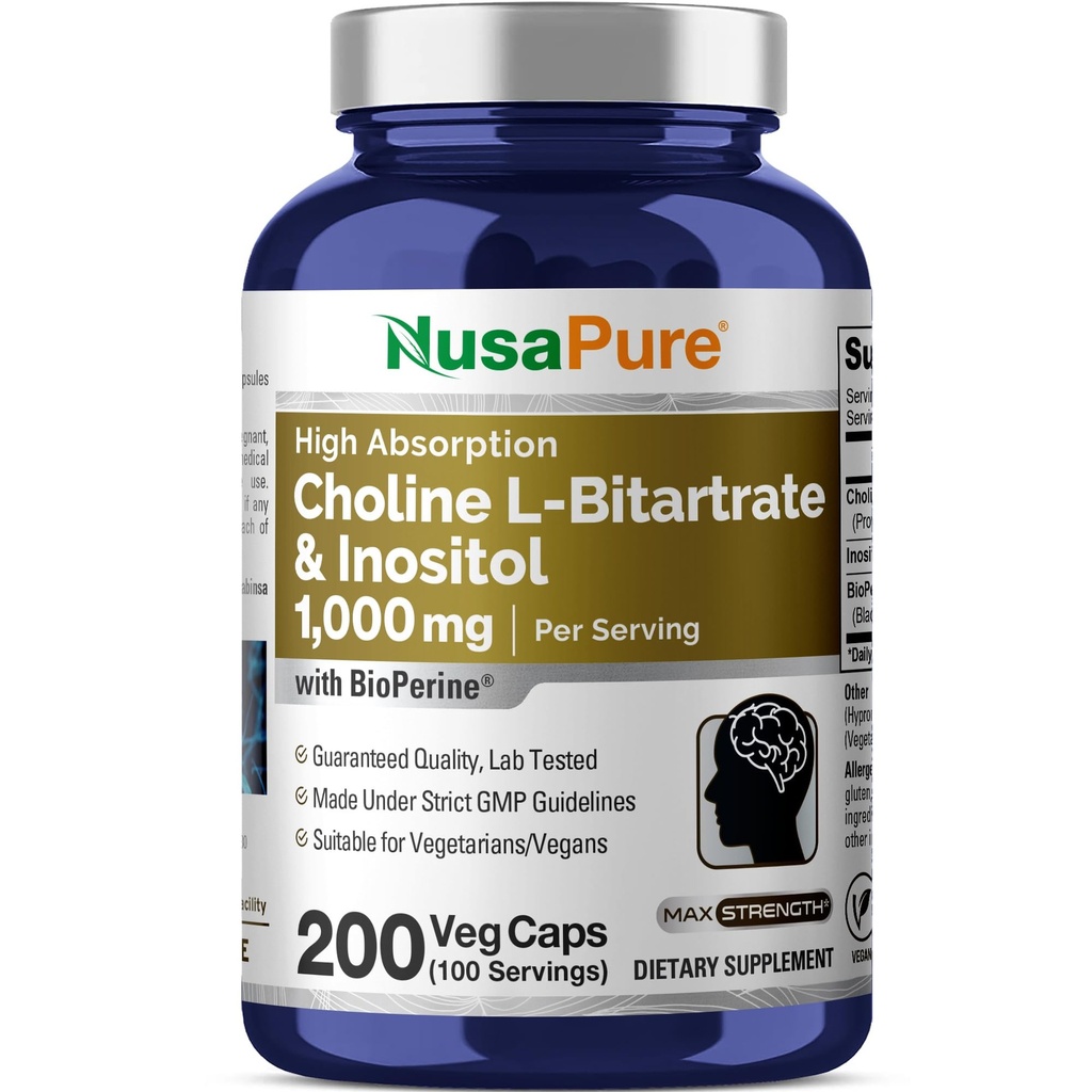 NusaPure Choline & Ινοσιτόλη 1000mg - 200 Veggie Caps (100% χορτοφάγοι, μη ΓΤΟ) Βιοπερίνη