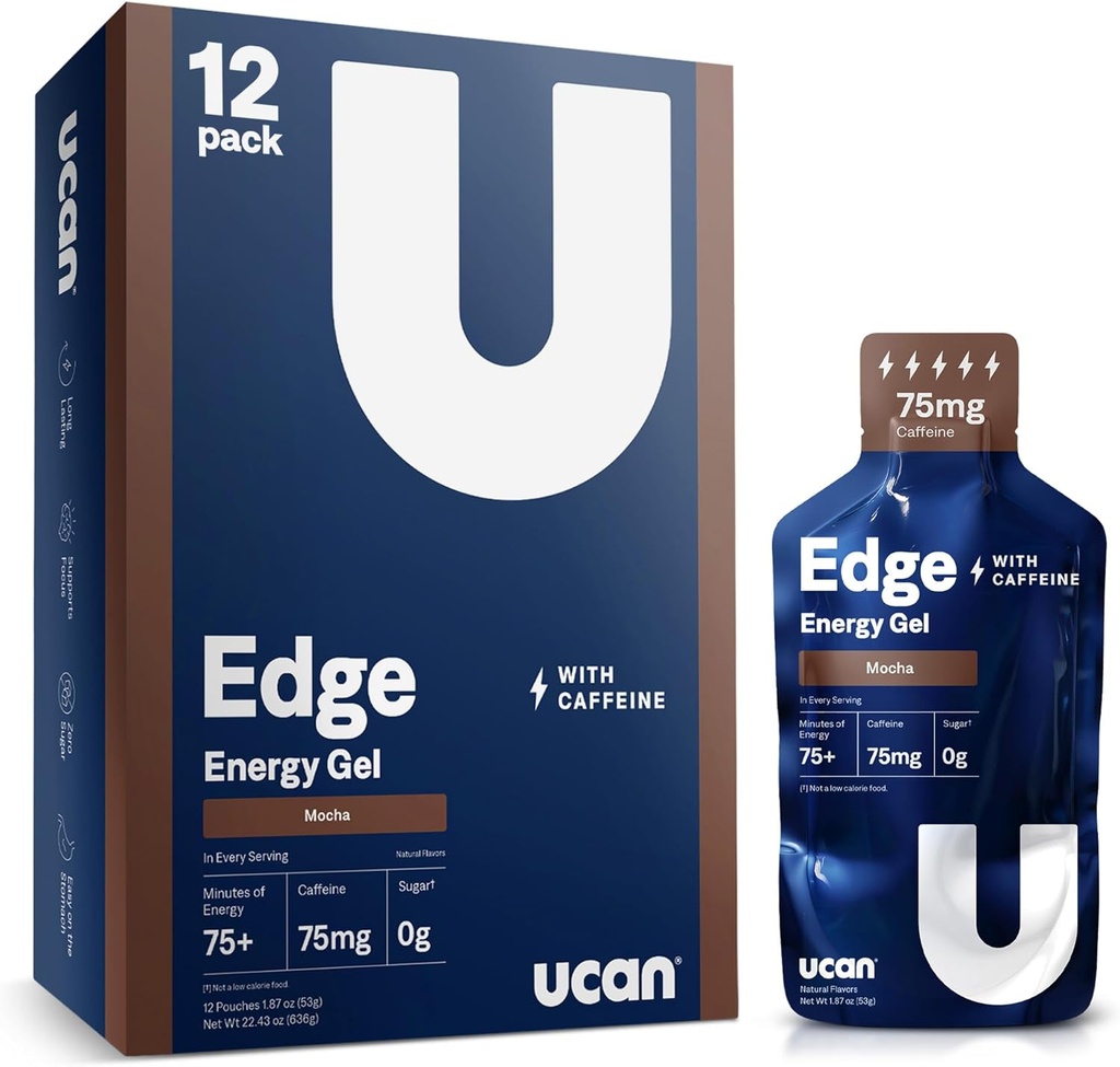 UCAN Edge Energy Gel Shots, Mocha + Caffeine (12, 2 Ounce Packets) for Running, Training, Workouts, Fitness, Cycling, Crossfit | Sugar-Free, Vegan, & Keto Friendly Energy