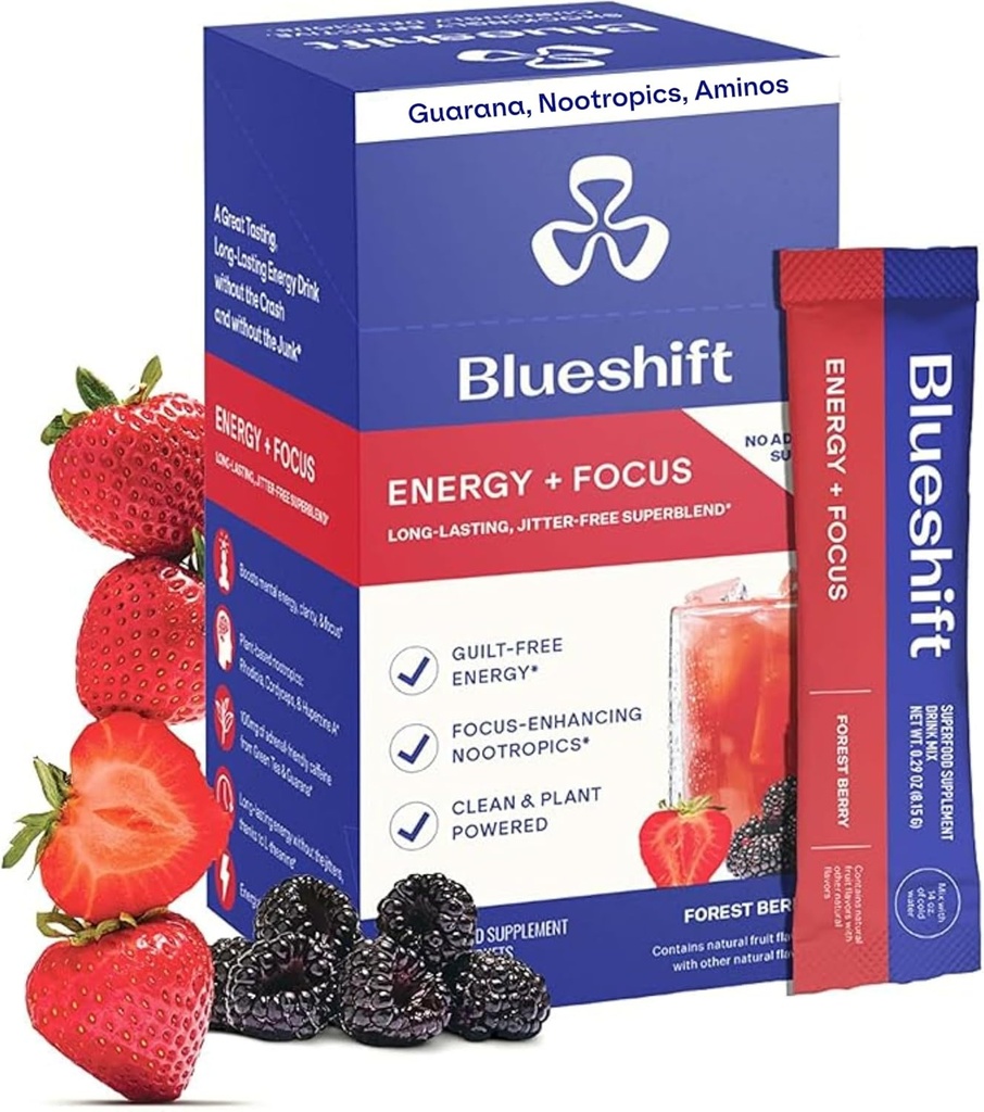 Blueshift Energy + Focus - Λιγότερο-Sweet Super Clean Plant-Based Energy Drink for Adults, with Guarana, Green Tea, Rhodiola, Caffeine, B Βιταμίνες για Καθαρότητα & Εστίαση, Χωρίς Ζάχαρη - Sticks (10 Pack)