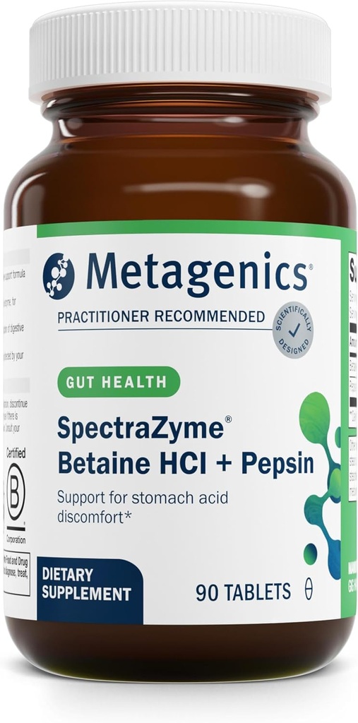 Μεταγονική SpectraZyme Betaine HCI + Pepsin - Υποστηρίζει το στομάχι Υγεία & Βοηθήματα στην πέψη* - με το Betaine HCl & Pepsin - Proteolytic Digestive Enzyme* - Non- GMO - 45 Μερίδες - 90 δισκία
