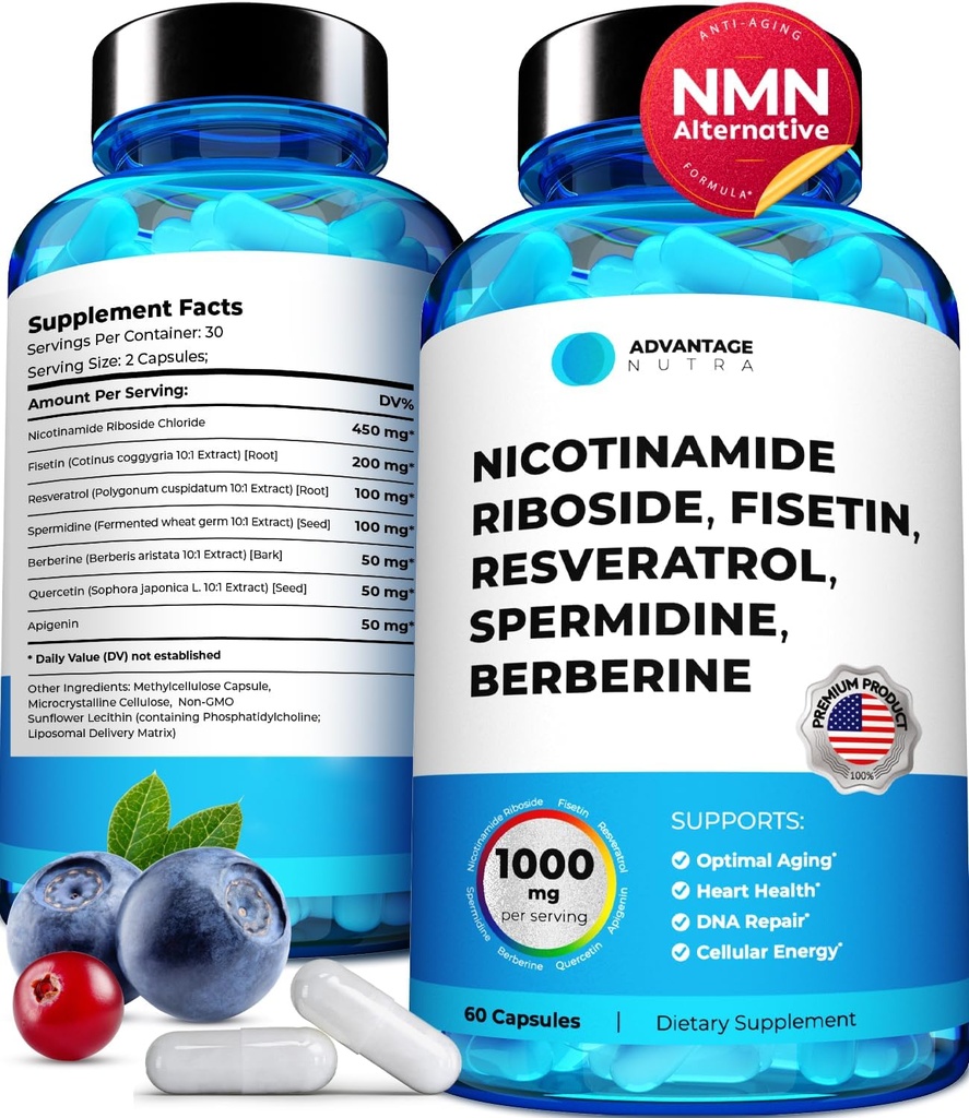 Liposomal Nicotinamide Riboside NR Supplement Resveratrol NAD : Nicotinamide 500mg w/Fisetin, Resveratrol Powder Spermidine Berberine NAD Resveratrol Supplement 500 mg - 60 caps 1 Pack