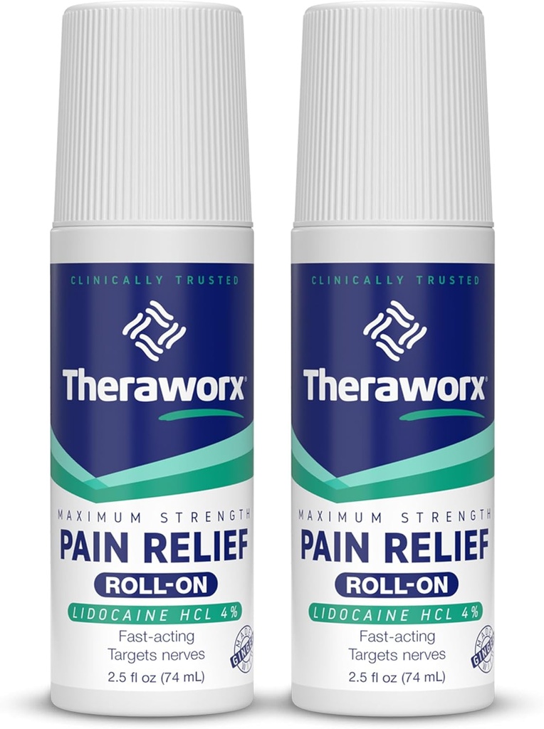 Theraworx Μέγιστη δύναμη ανακούφιση του πόνου Roll-On με Λιδοκαΐνη, γρήγορη δράση - 2,5 Oz - 2 κόμης