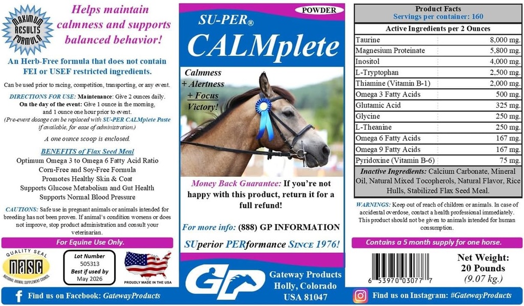 SU-PER CALMplete Calming Horse Supplement - Διατηρήστε την ηρεμία και την ισορροπία Συμπεριφορά - Θιαμίνη, Τρυπτοφάνη & Μαγνήσιο - 20 Λίρες, 5 Μήνες Προσφορά (150 Ημέρες)