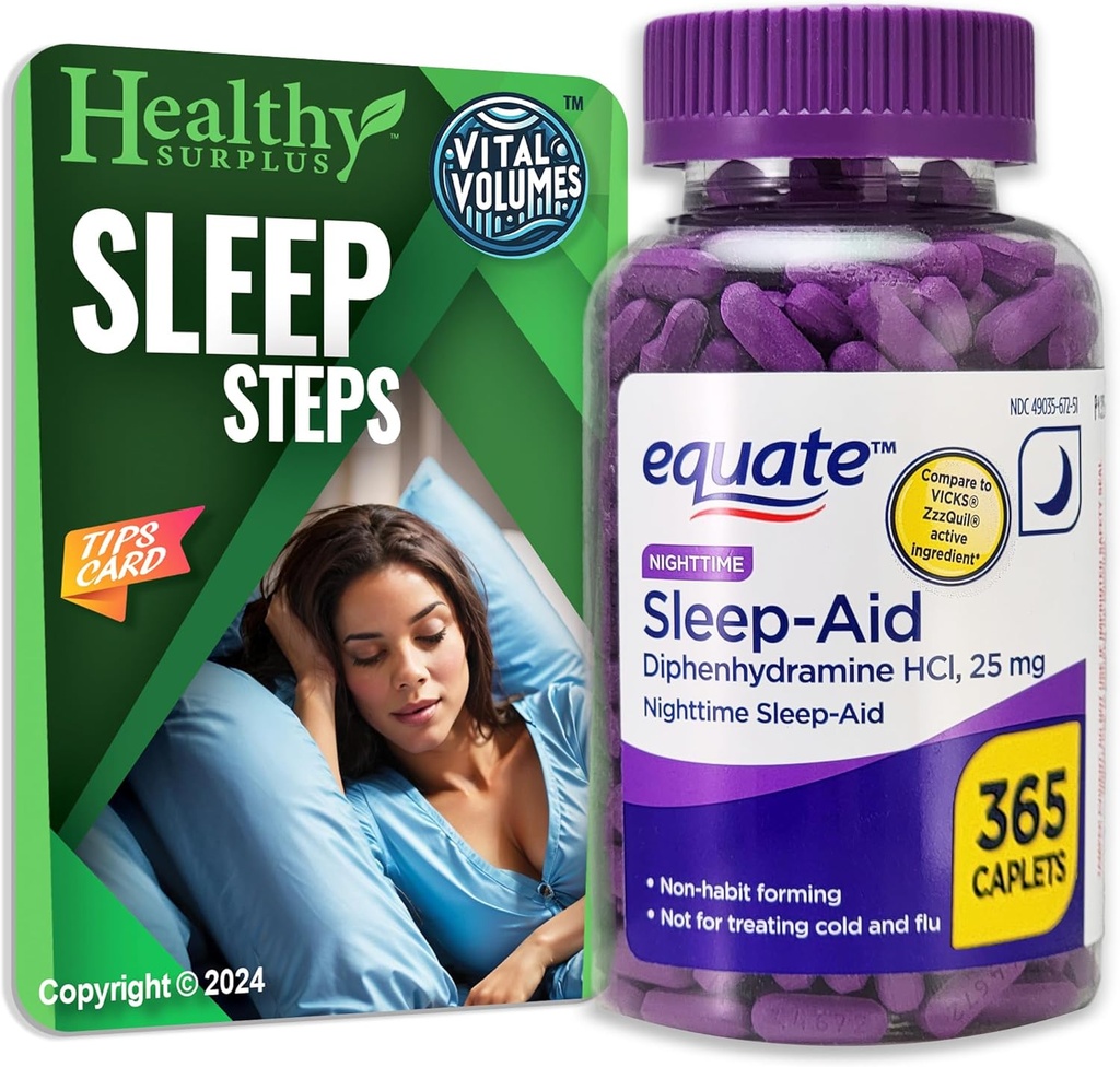 Equate Sleep-Aid Diphenhydramine HCI 25 mg 365 Caplets and Vital Volumes Sleep Steps Tips Card