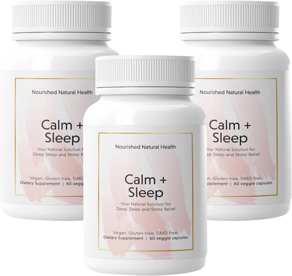 Nourished Natural - Calm + κάψουλες ύπνου για βαθιά ξεκούραση & χαλάρωση με Ashwagandha, χαμομήλι, εκχύλισμα ταρτ κεράσι, passionflower, L-theanine, & Magnesium - 180 κάψουλες