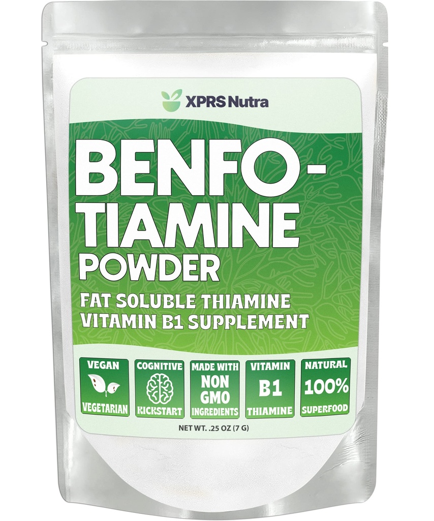 XPRS Nutra Benfotiamine Powder (Thiamine) - Fat Soluble Happy Heart Thiamine Supplement - Advanced Vitamin B1 Benfotiamine for a Cognitive Boost - Vegan Friendly Benfotamine Powder (.25 Ounce)