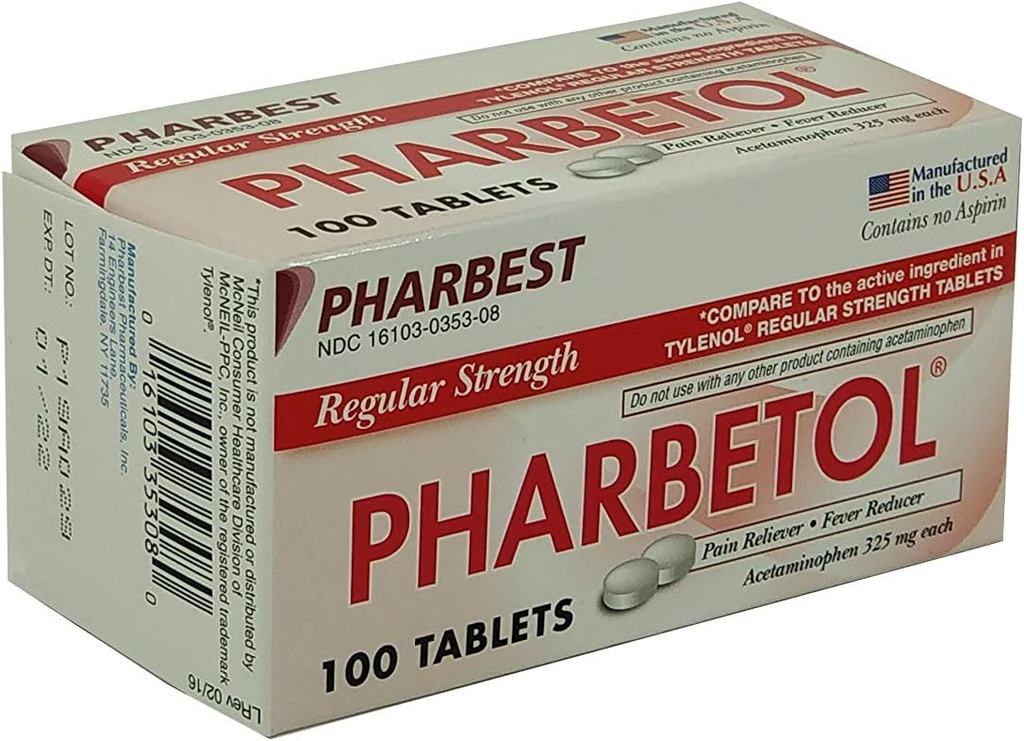 Pharbetol Acetaminophen 325mg Κανονική Δύναμη, Αναπνευστήρας Πόνου, Δισκία Μειωτή Πυρετού, 100 Count (Pack of 1)