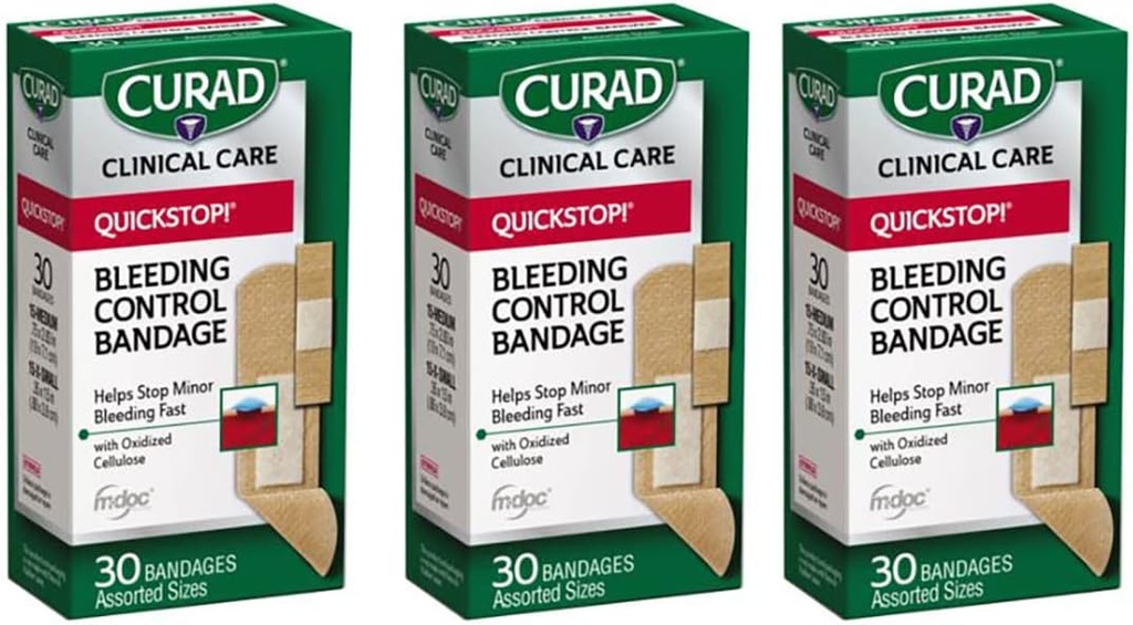 Curad Quickstop Flex-Fabric Banges, Quickstop Bleeding Control Technology, Διάφορα μεγέθη, 30 Count (Pack of 3)