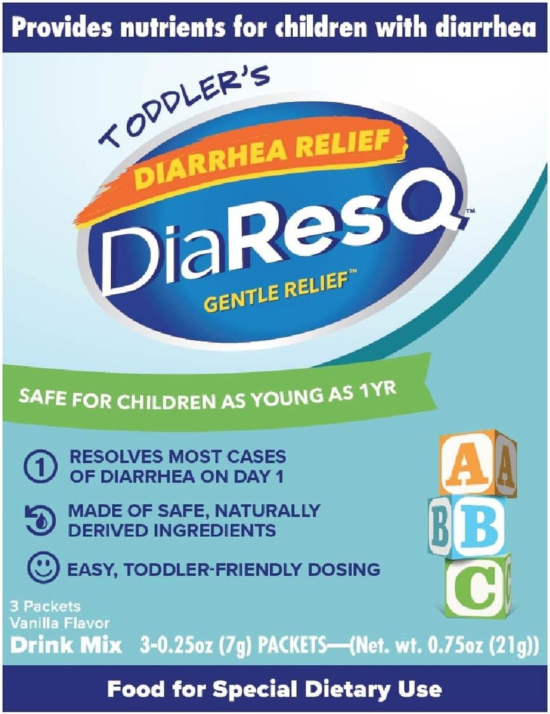 DiaResQ Diarrhea & ανοσοποιητική υποστήριξη Colostrum Drink Mix για Toddlers (1+ Years) Συσκευασία των 3, Απαλή ανακούφιση, βοηθά στην αποκατάσταση της φυσιολογικής ενδοεντερικής λειτουργίας, αντιβιοτικό & χωρίς φάρμακα, χωρίς γλουτένη, άρωμα βανίλιας