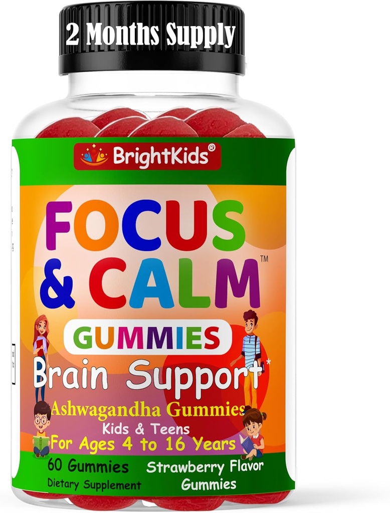 BrightKids Focus & Calm Gummies for Kids with Ashwagandha – Υποστηρίζει την προσοχή, συγκέντρωση, χαλάρωση, διάθεση & ενέργεια – Natural Stress Relief Supplement, Nasty Berry Flavor, Vegan, 60 ημέρες προσφοράς