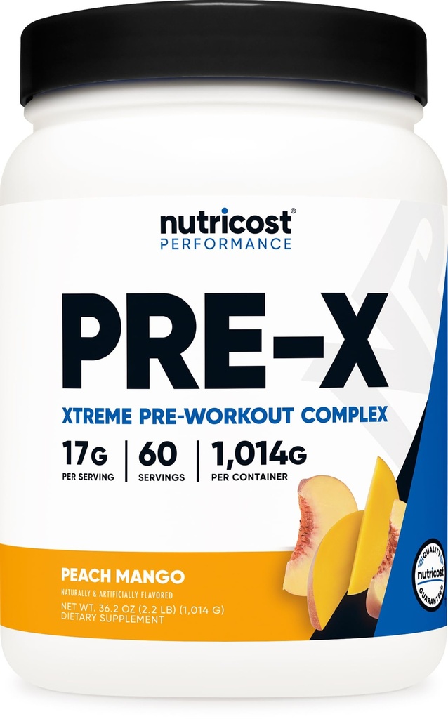 Nutricost Pre-X Xtreme PreWorkout Powder Complex, Ροδάκινο Mango, 60 εξυπηρετούν, χορτοφάγους, μη ΓΤΟ και χωρίς γλουτένη