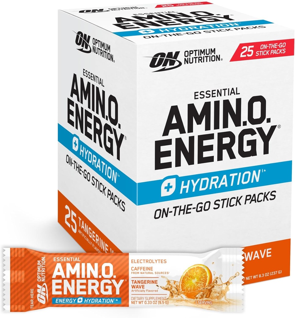 Optimum Nutrition Amino Energy Hydration Packets, On-The-Go Energy Powder Stick Packs, Tangerine Wave, 25 Count