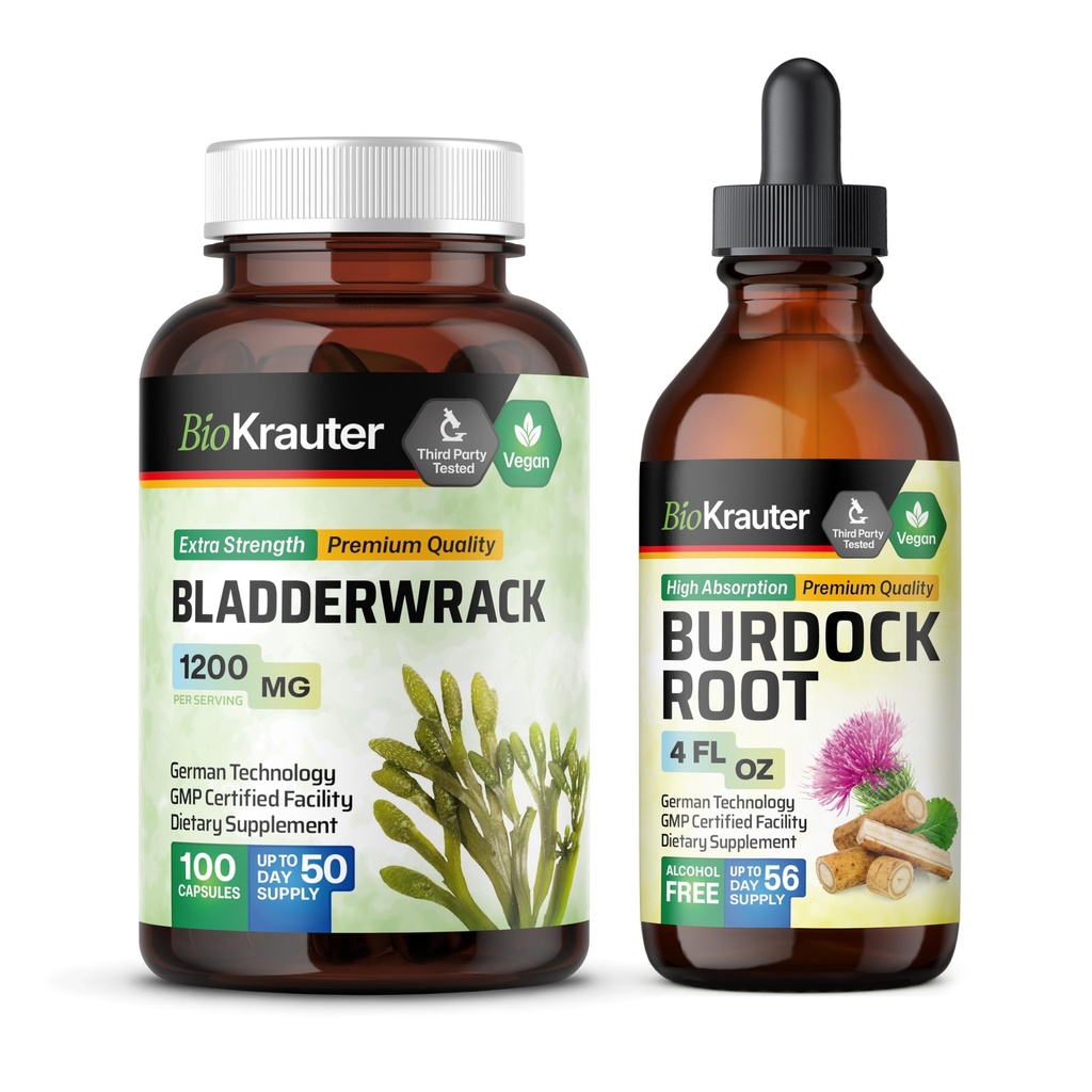 BIO KRAUTER Bladderwrack 100 Capsules & Burdock Root Tincture 4 Fl. Oz.