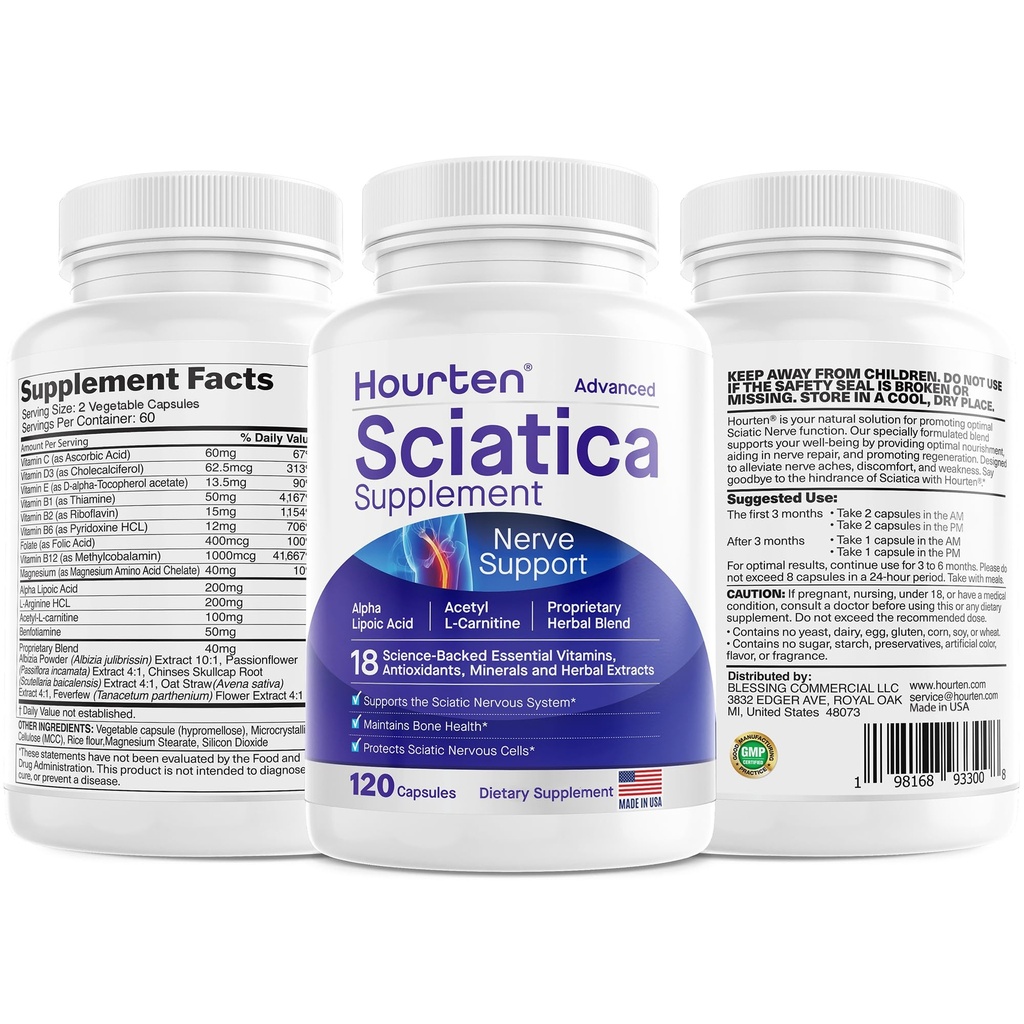Advanced Sciatic Nerve Support Relief: Alpha Lipoic Acid - 18 in 1 Sciatica Supplements - Vitamin B Complex - Made in USA (120 Capsules)