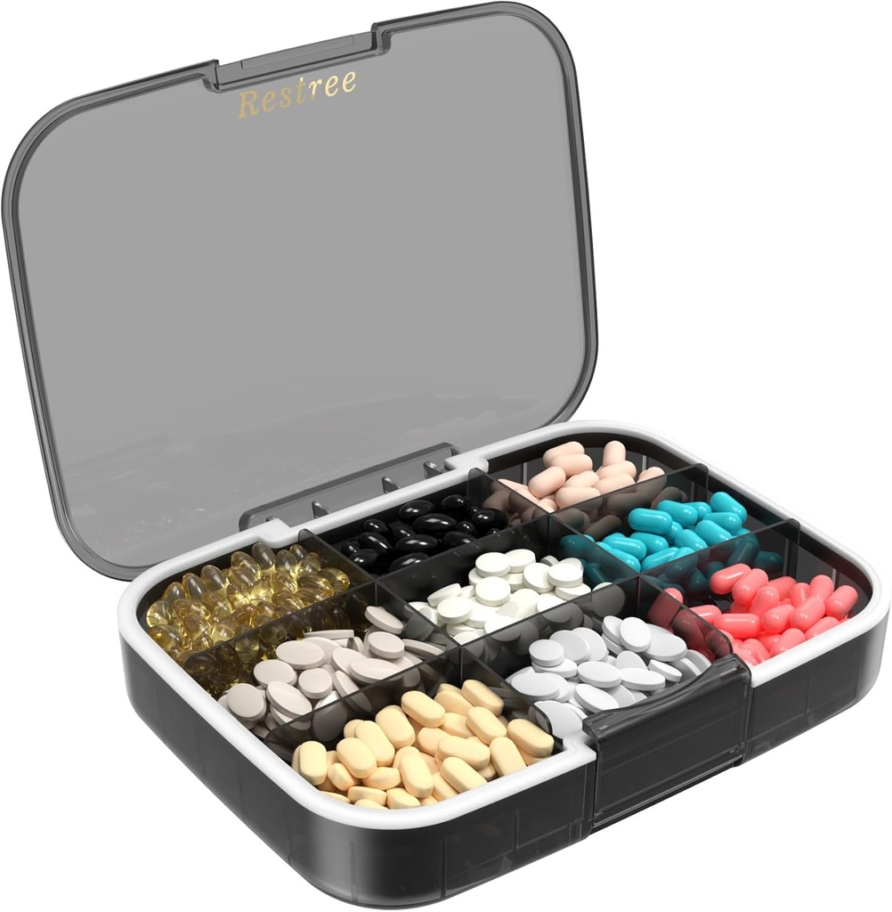 Restree Large Pill Organizer, Moisture Proof & Waterproof Travel Pill Case, Portable Medication Box with Adjustable Dividers for Vitamins Supplements Fish Oil and Daily Pills 9 Compartments (Black)