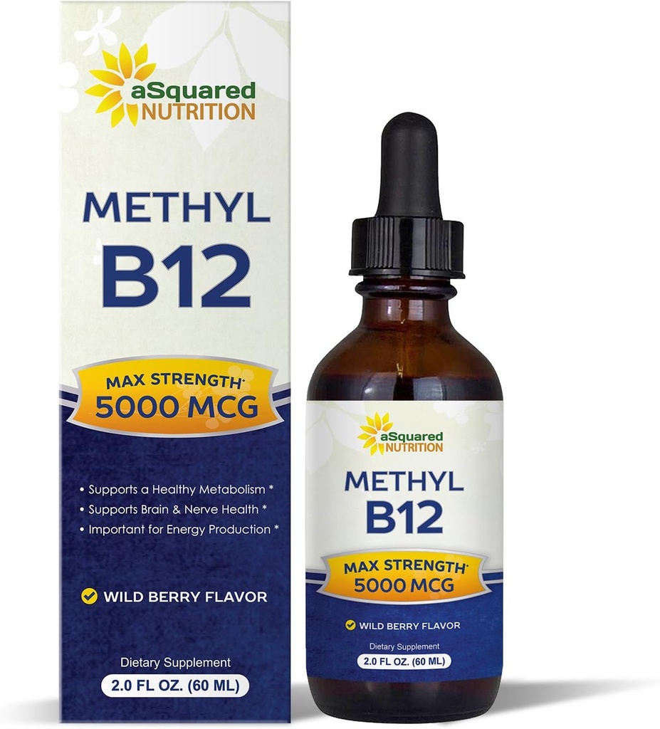 aSquared Nutrition Vitamin B12 Υπογλώσσια Υγρές σταγόνες - 5000 MCG συμπλήρωμα με μεθυλοκοβαλαμίνη (μεθυλο Β-12) - Max Απορρόφηση Β 12 να αυξήσει την ενέργεια - Vegan Φιλικό - 2 fl oz