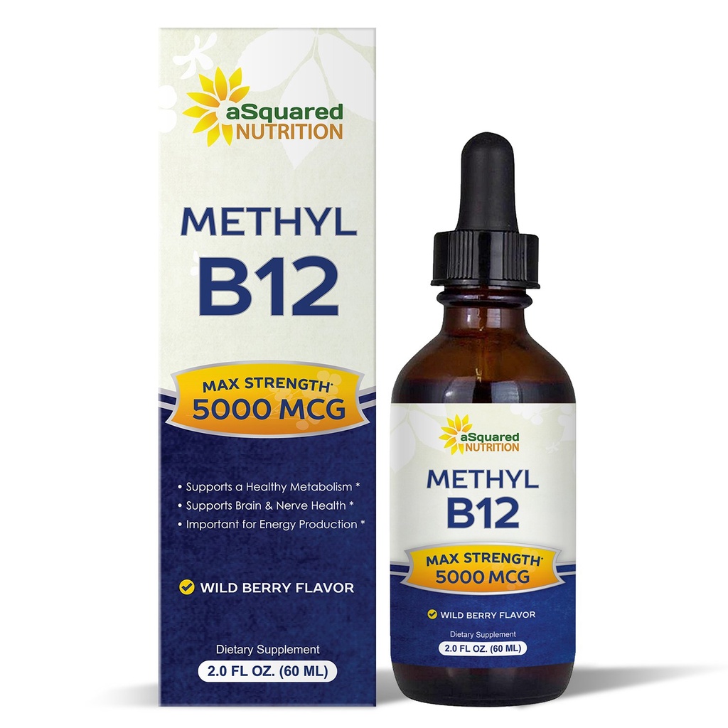 aSquared Nutrition Vitamin B12 Υπογλώσσια Υγρές σταγόνες - 5000 MCG συμπλήρωμα με μεθυλοκοβαλαμίνη (μεθυλο Β-12) - Max Απορρόφηση Β 12 να αυξήσει την ενέργεια - Vegan Φιλικό - 2 fl oz