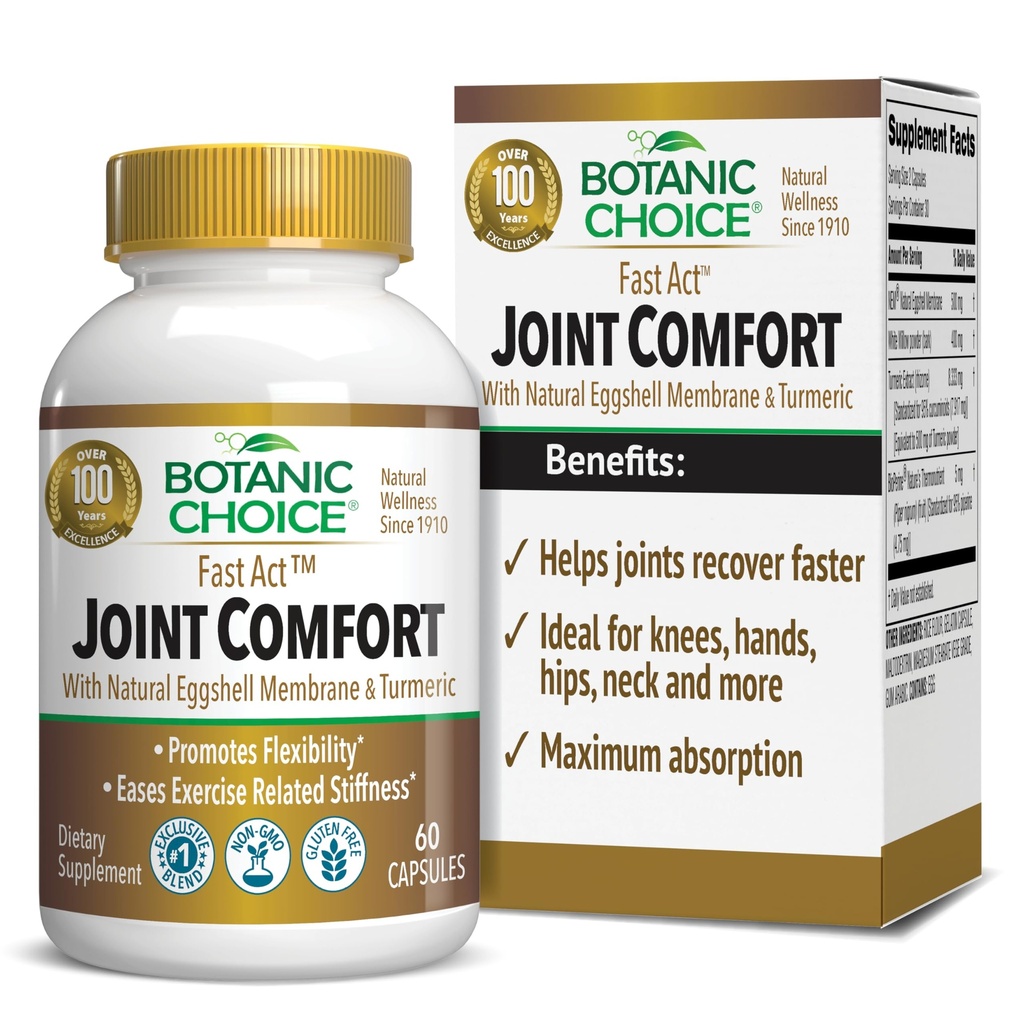 Botanic Choice Fast Act Κοινή Άνεση με το NEM Natural Eggshell Membrane, Turmeric Curcumin, Bioperine, & White Willow Bark, Υποστηρίζει την κοινή υγεία, 60 κάψουλες 500mg