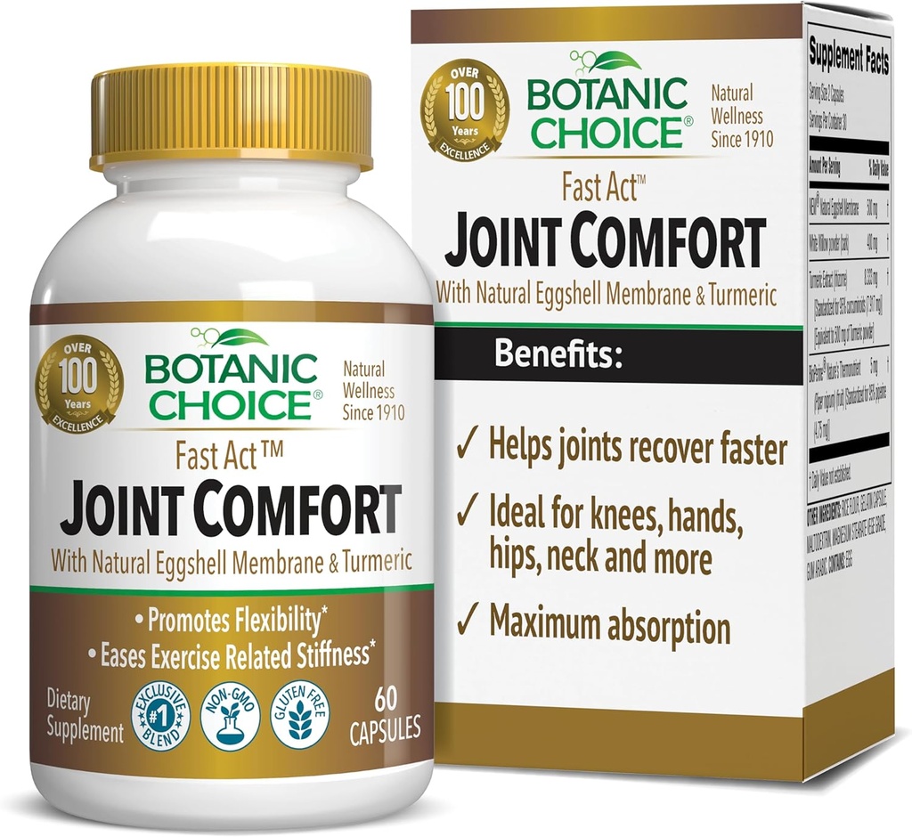 Botanic Choice Fast Act Κοινή Άνεση με το NEM Natural Eggshell Membrane, Turmeric Curcumin, Bioperine, & White Willow Bark, Υποστηρίζει την κοινή υγεία, 60 κάψουλες 500mg