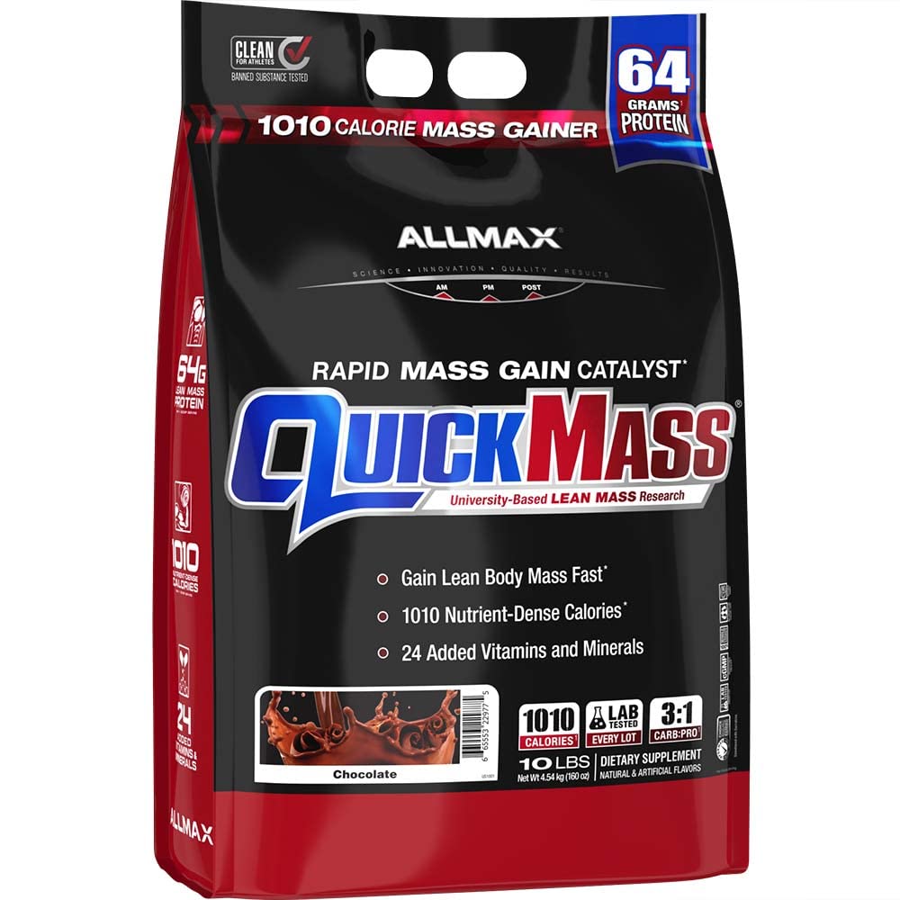 ALLMAX QUICKMASS, Σοκολάτα - 10 lb - Ταχεία Μάζα Κερδίζει Καταλύτης - Μέχρι 64 γραμμάρια πρωτεΐνης ανά υπηρεσία - 3:1 Καρβίδια προς αναλογία πρωτεϊνών - Zero Trans λίπος - Μέχρι 70 εξυπηρετούν
