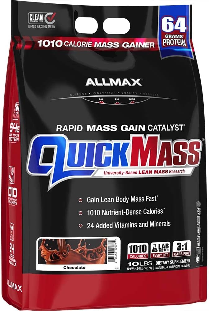 ALLMAX QUICKMASS, Σοκολάτα - 10 lb - Ταχεία Μάζα Κερδίζει Καταλύτης - Μέχρι 64 γραμμάρια πρωτεΐνης ανά υπηρεσία - 3:1 Καρβίδια προς αναλογία πρωτεϊνών - Zero Trans λίπος - Μέχρι 70 εξυπηρετούν