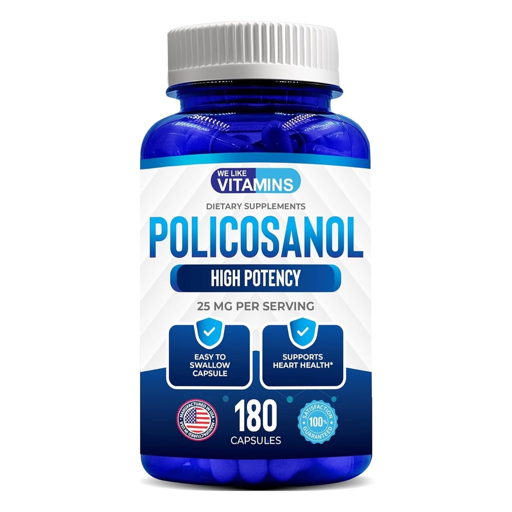 Μας αρέσουν οι βιταμίνες Policosanol 25mg - 180 κάψουλες - συμπλήρωμα Policosanol Φτιαγμένο από φυσικό ζαχαροκάλαμο - μη ΓΤΟ και χωρίς γλουτένη