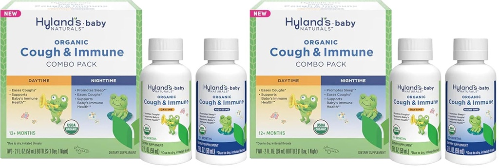 Hyland's Naturals - Baby - Βιολογικός Βήχας & Ανοσοποιητικός Ημέρα & Νύχτα Combo Πακέτο - Ανακουφίζει Βήχας, Υποστηρίζει Ανοσία, Προάγει τον Ύπνο, Δύο 2 Fl Oz. Φιάλες (4 fl oz) (Pack of 2)