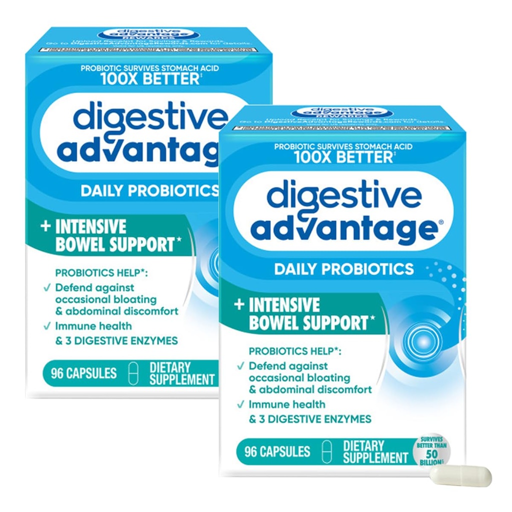 Digestive Advantage IBS Probiotics for Digestive Health & Intensive Bowel Support for Women & Men with Digestive Enzymes, Occasional Bloating & Gut Health, 96 Count Capsules (Pack of 2)