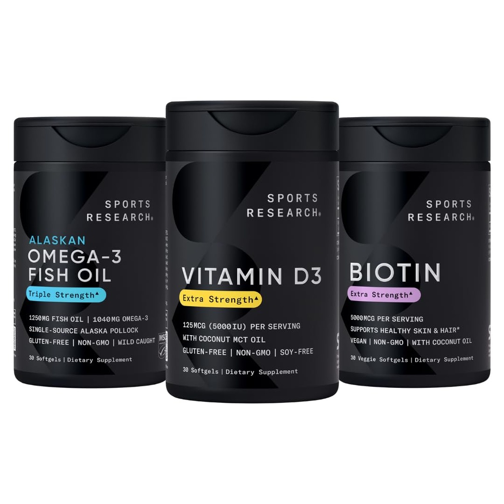 Sports Research Body Wellness Pack - Triple Strength Omega-3 Fish Oil 1250mg from Wild Alaska Pollock, Vitamin D3 5000 IU with Coconut MCT Oil (125mcg) and Vegan Biotin 5000mcg Vitamin B7