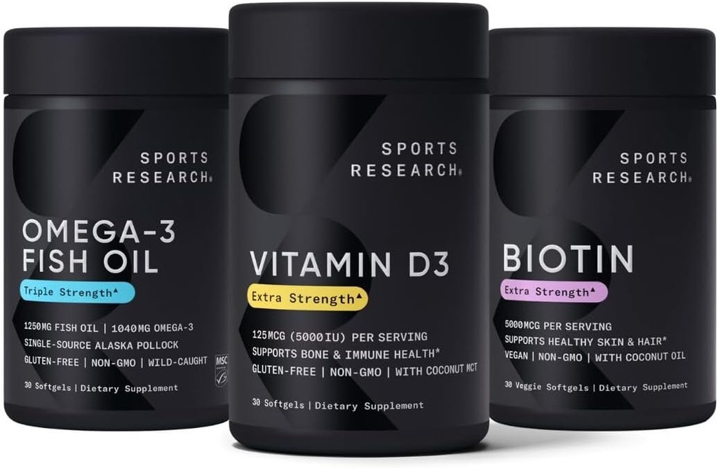 Sports Research Triple Strength Omega 3 Burpless Fish Oil 1250mg από Wild Alaska Pollock, Βιταμίνη D3 5000 IU με Coconut MCT Oil (125mcg) και Vegan Biotin 5000mcg Βιταμίνη B7-30 Softgels κάθε ένα