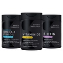 Sports Research Body Wellness Pack - Triple Strength Omega-3 Fish Oil 1250mg from Wild Alaska Pollock, Vitamin D3 5000 IU with Coconut MCT Oil (125mcg) and Vegan Biotin 5000mcg Vitamin B7