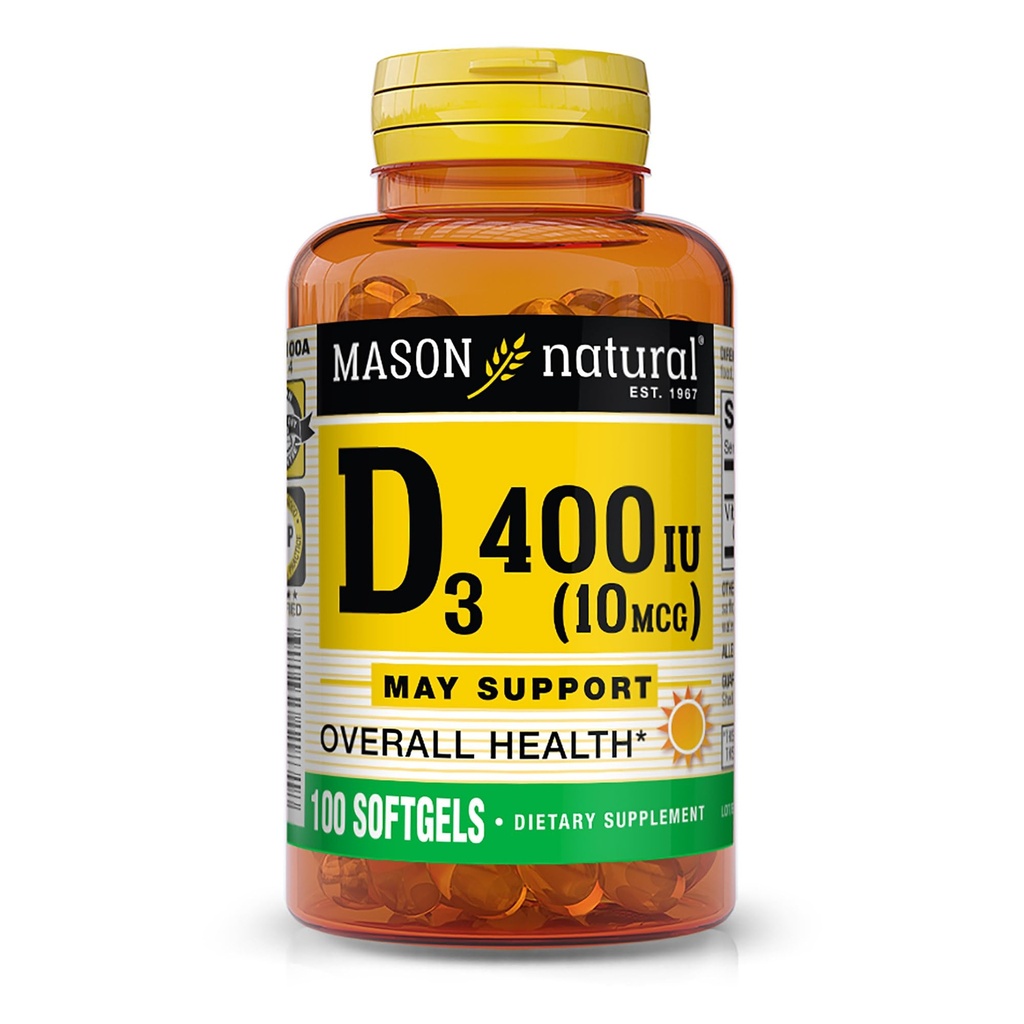 MASON ΦΥΣΙΚΗ Βιταμίνη D3 10 mcg (400 IU) - Υποστηρίζει τη συνολική υγεία, ενισχύει τα οστά και τους μυς, 100 Softgels