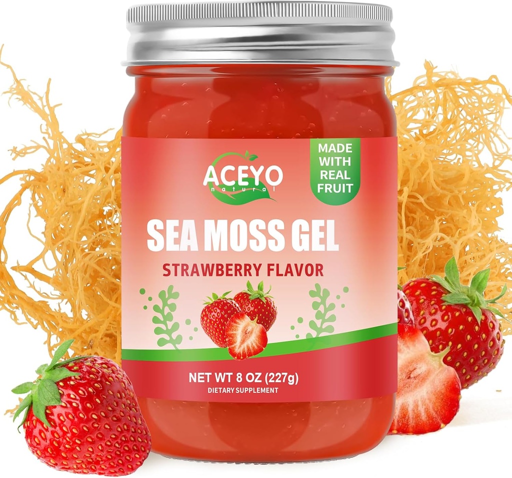 (8 OZ) Natural Sea Moss Gel Raw Strawberry Flavor Irish Seamoss Gel Vegan Women 102 Βιταμίνες και Ορυκτά Άγρια Συγκομιδή Μη-ΓΤΟ Ανοσοποιητική αμυντικός ενισχυτής Lung Thyroid Digestive Υποστήριξη