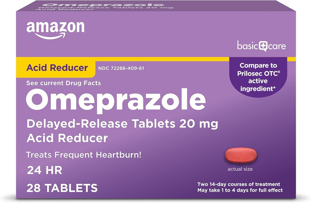   Basic Care Omeprazole Delayed Release Tablets 20 mg, Treats Frequent Heartburn, Acid Reducer, Heartburn Medicine, 28 Count (Packaging may vary)