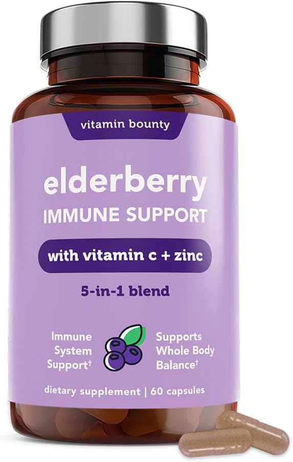 Vitamin Bounty Elderberry Organic Elderberry Κάψουλες για Ενήλικες - Συμπλήρωμα βιταμίνης C και ψευδαργύρου, & Echinacea, Υποστήριξη ανοσοποιητικού συστήματος, Advanced 5-in-1 Blend, Μη ΓΤΟ - 60 Κάψουλες