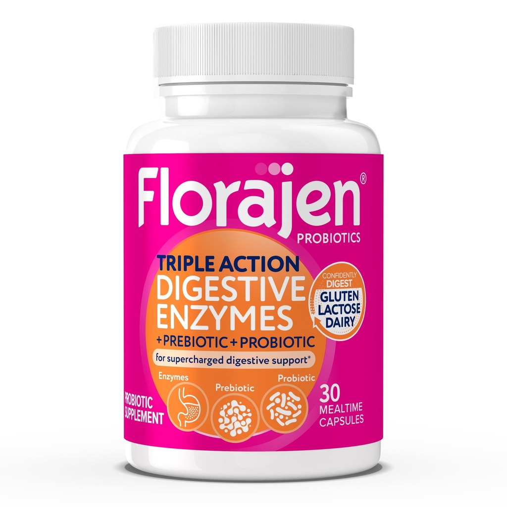 Florajen Digestive Ένζυμα με Προβιοτικά & Πρεβιοτικά - Triple-Action Formula for Gut Health, Bloating, & Gas Relief - Υποστηρίζει Γλουτένη & Γαλακτοκομία - Καθαρή, μη ΓΤΟ - 30-Count