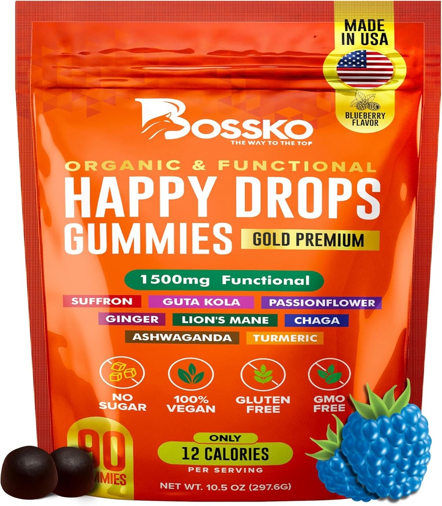 Happy Drops – Daily Superfood Gummies for Mood Support, Focus and Energy – Sugar-Free, Vegan, Blueberry Flavor – 90 Gummies for Adults – Καθημερινή Υποστήριξη για Mood, Focus and Natural Energy
