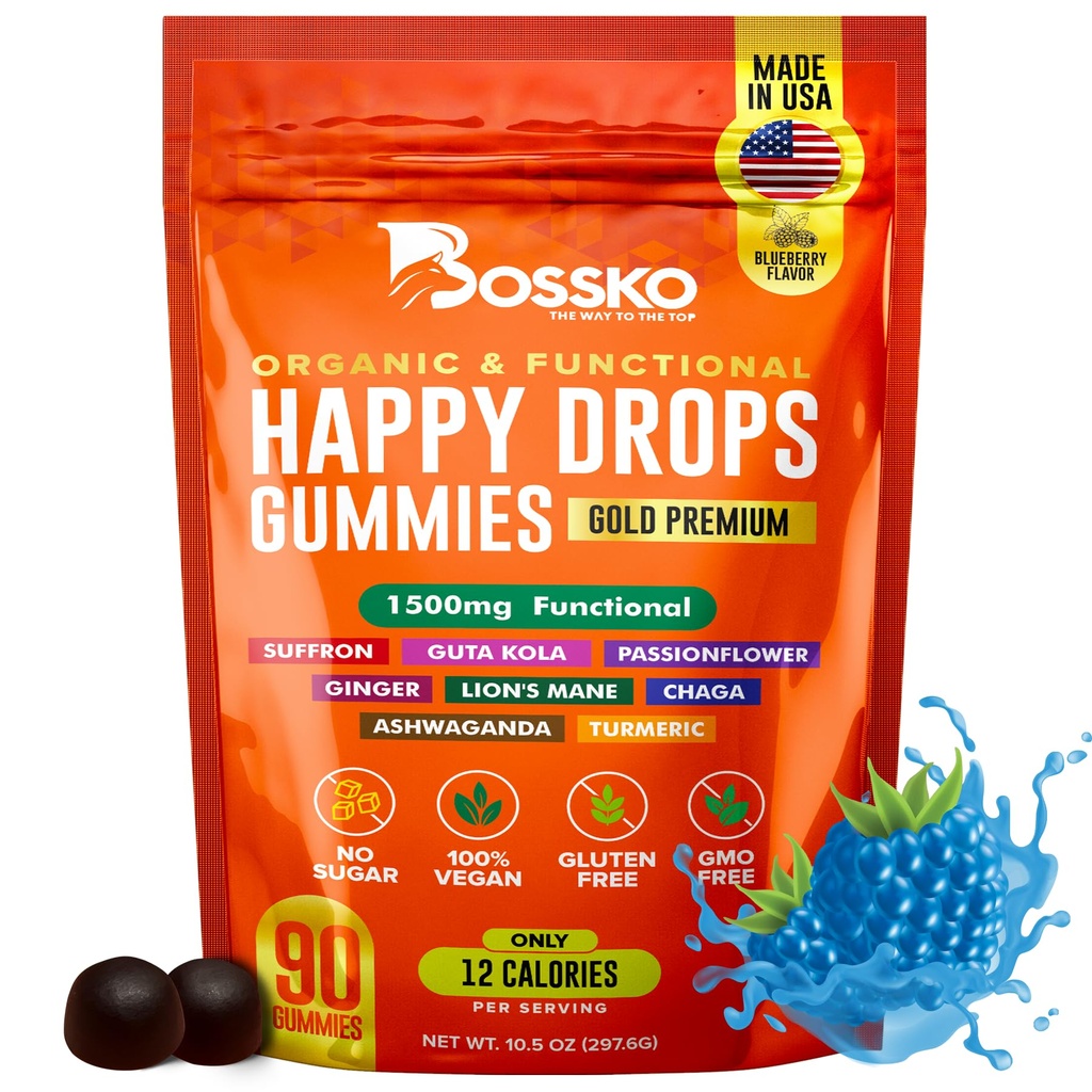 Happy Drops – Daily Superfood Gummies for Mood Support, Focus and Energy – Sugar-Free, Vegan, Blueberry Flavor – 90 Gummies for Adults – Καθημερινή Υποστήριξη για Mood, Focus and Natural Energy