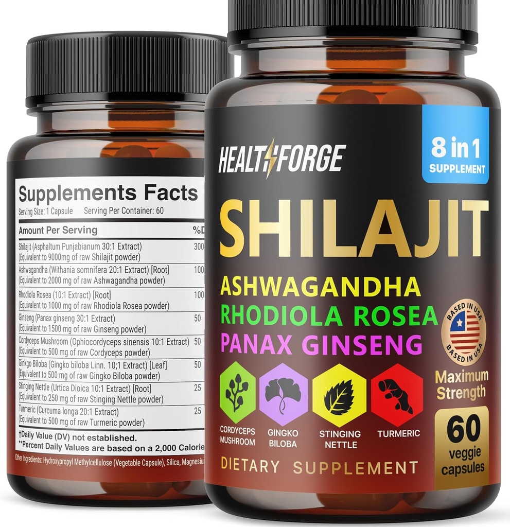 Shilajit Κάψουλες οργανικό εκχύλισμα μείγμα 60 κάψουλες για άνδρες και γυναίκες - Shilajit συμπλήρωμα 9000mg Ashwagandha, συμπλήρωμα υποστήριξης ανοσοποιητικών 2000mg Rhodiola συμπλήρωμα, Ginko Ginkgo Biloba