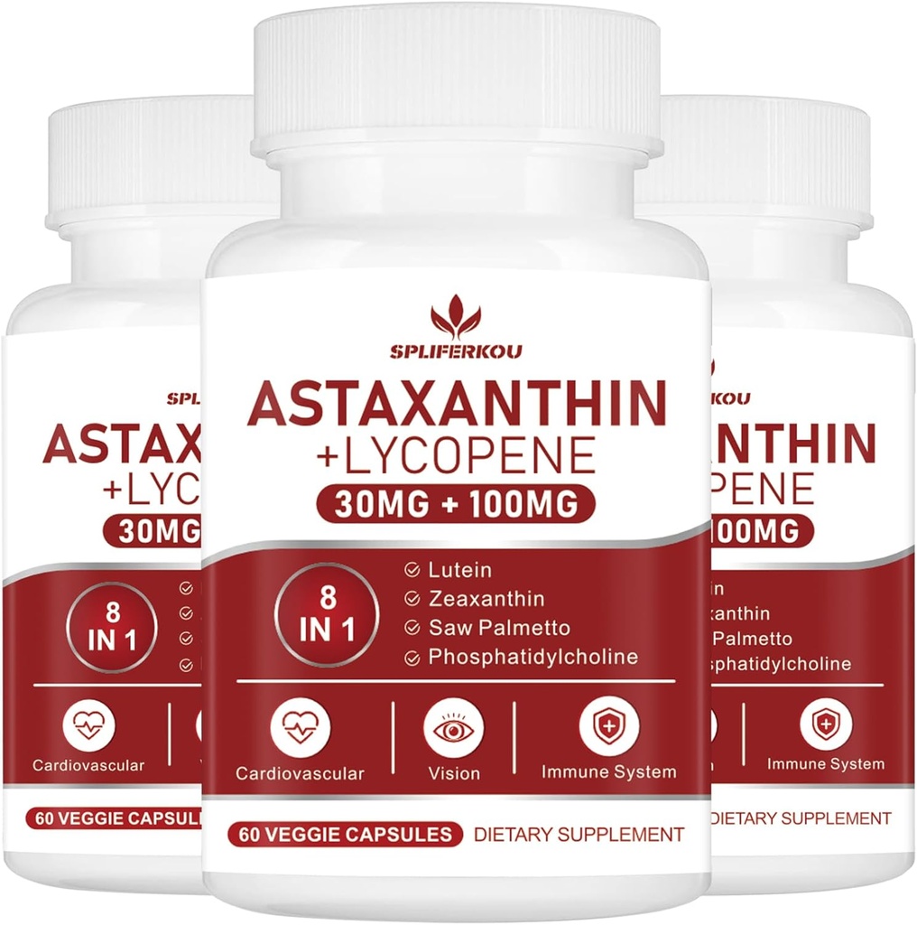 Ασταξανθίνη και Λυκοπένιο 70mg, Συμπλήρωμα Ασταξανθίνης με Φωσφατιδυλοχολίνη, Λουτεΐνη και Ζεαξανθίνη, Ισχυρό Συμπλήρωμα Αντιοξειδωτικών (180 Κάψουλες)