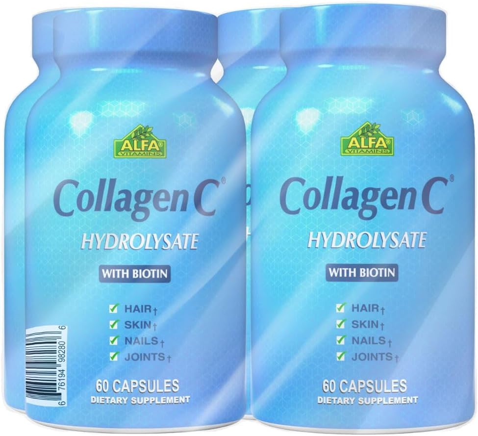 CollagenC Hydrolysate - κάψουλες κολλαγόνου 4 Συσκευασία με Βιοτίνη & Βιταμίνη C - 60 κάψουλες ανά φιάλη για δέρμα, μαλλιά, νύχια, ανοσοποιητική & κοινή υποστήριξη - 4 συσκευασίες