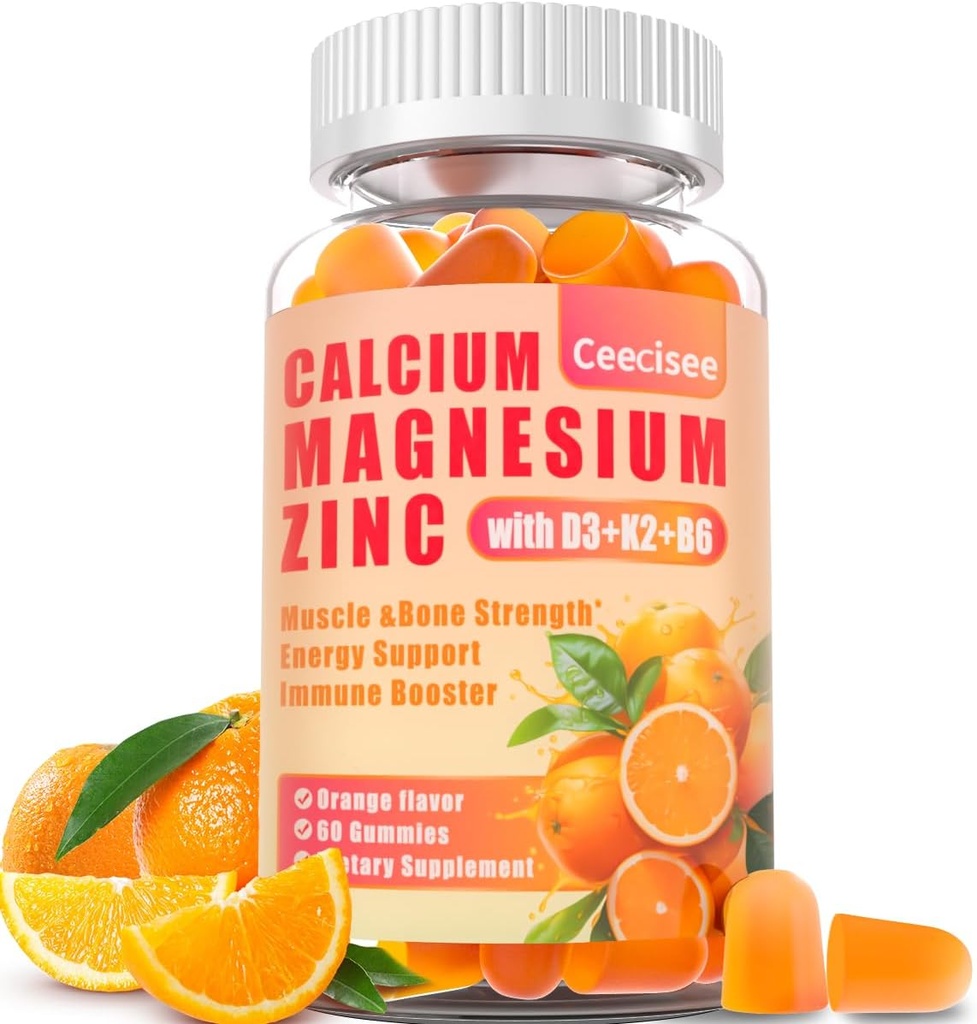 Ασβέστιο Μαγνήσιο Ψευδάργυρος Gummies με D3 & B6 & K2,1000mg Ασβέστιο Gummies με 300mg Μαγνήσιο Υποστήριξη ανοσοποιητική ενέργεια για ενήλικες και εφήβους, Ζάχαρη Δωρεάν (60 Count)
