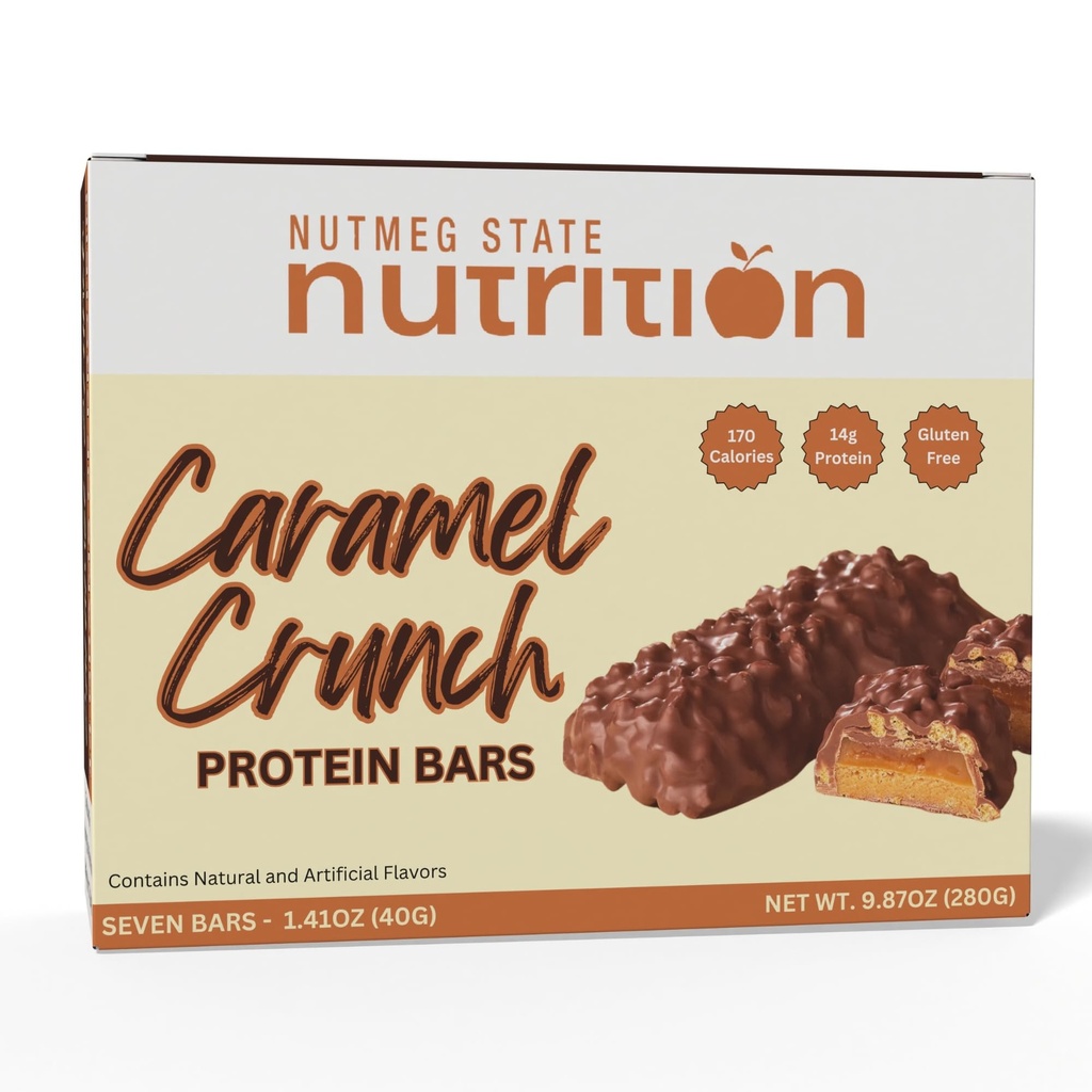 Nutmeg State Nutrition - High Protein Bars, Gluten Free, Low Cholesterol, Low Sodium, Low Sugar, Ideal Protein Compatible, 7 Servings Per Box (Caramel Crunch)