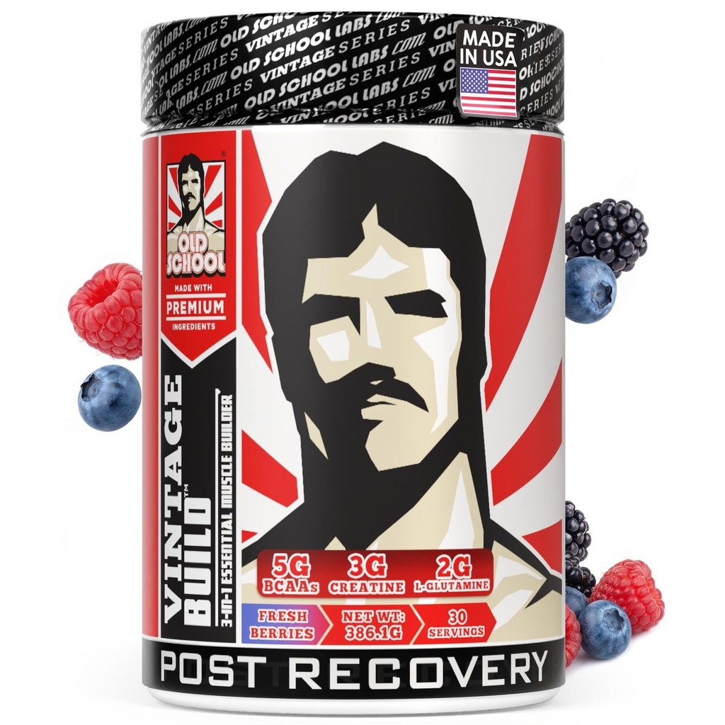 Old School Labs Vintage Build Post-Workout Recovery Powder Drink with BCAAs, Creatine & L-Glutamine to Support Muscle Recovery & Strength for Men & Women – Φρέσκα μούρα, 30 Services