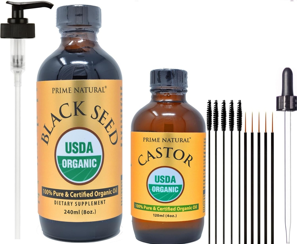 PRIME NATURAL Organic Black Seed Oil & Organic Castor Oil - 2 Oil Bundle - USDA Certified - Cold Pressed, Virgin, Unrefined, Vegan, Μη-GMO, Χωρίς συντηρητικά