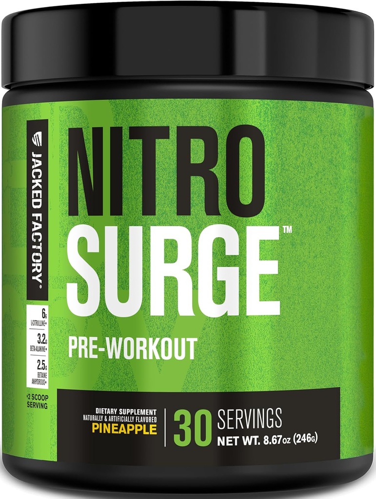 Jacked Factory NITROSURGE Pre Workout Supplement - Endless Energy, Instant Strength Gains, Clear Focus, Intense Pumps - NO Booster & Powerful Preworkout Energy Powder - 30 Servings, Pineapple