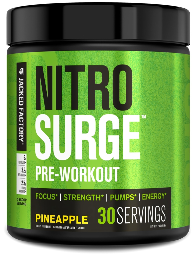Jacked Factory NITROSURGE Preworkout Supplement - Ατελείωτη Ενέργεια, Άμεση Ενίσχυση Κερδίζει, Καθαρή Εστίαση, Έντονες Αντλίες - ΟΧΙ Booster & Ισχυρή Preworkout Energy Powder - 30 Υπηρεσίες, Ανανάς