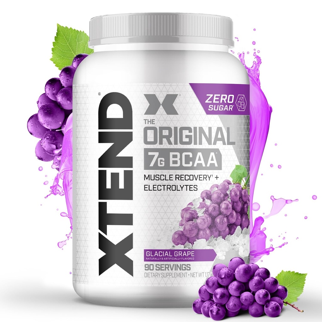 Xtend Original BCAA Powder, 7g BCAAs and 2.5g L-Glutamine for Muscle Recovery Hydration and Lean Muscle, Sugar Free Intra and Post Workout Drink with Electrolytes, Glacial Grape, 90 Servings